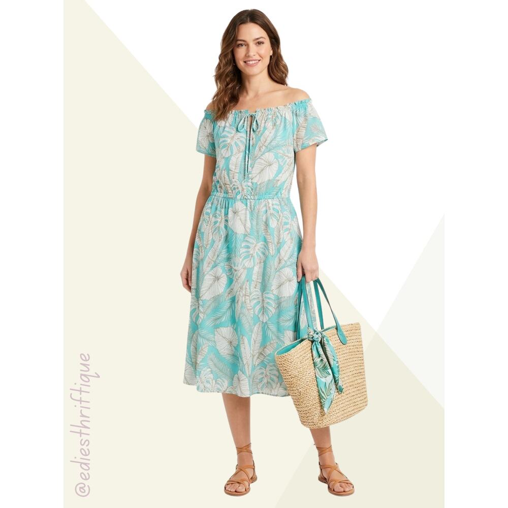 Talbots Cotton Tropical Short Sleeve Teal & White Tropical Midi Dress Size 10